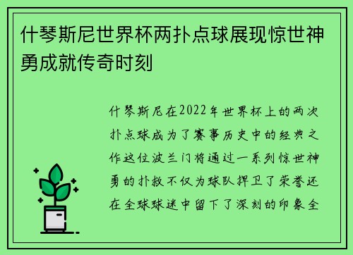 什琴斯尼世界杯两扑点球展现惊世神勇成就传奇时刻
