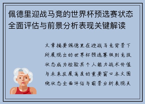 佩德里迎战马竞的世界杯预选赛状态全面评估与前景分析表现关键解读