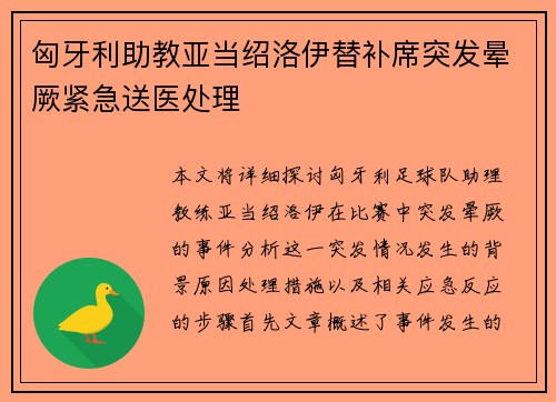 匈牙利助教亚当绍洛伊替补席突发晕厥紧急送医处理